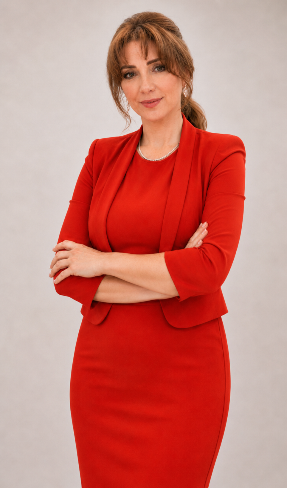Julia Aronov standing in a red suit